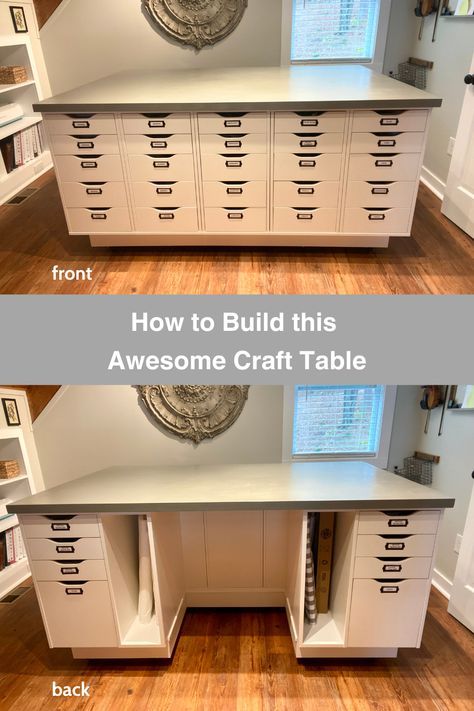 two pictures showing how to build an awesome craft table with drawers and shelves in the middle