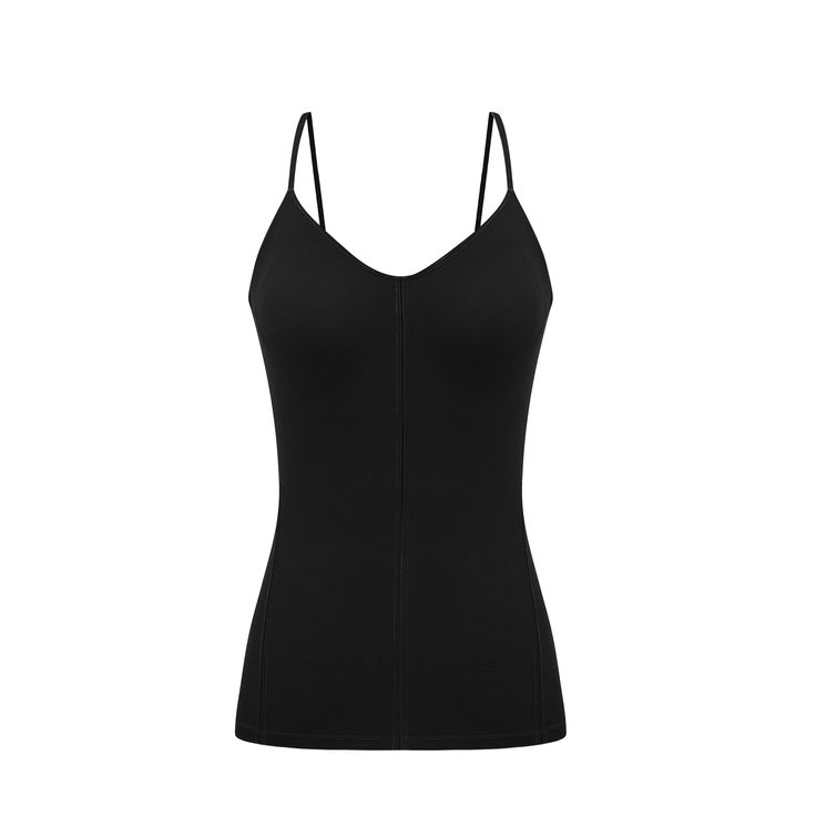 flat lay image of black camisole Padded Camisole, Stylish Loungewear, Miss Perfect, Black Camisole, Simple Elegant, Layering Pieces, Stretchy Fabric, Neck Designs, Wardrobe Staples