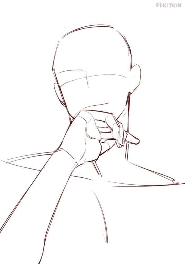 a drawing of a person's hand holding something up to their face with the other hand