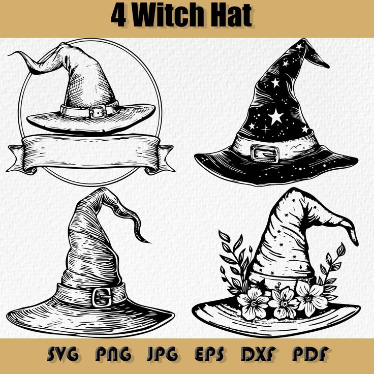 four witches hats with ribbons and banners