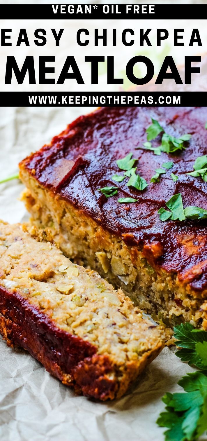 meatloaf with fresh herbs on top and text overlay that reads easy chickpea meatloaf