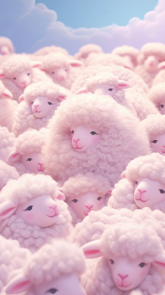 a herd of white sheep standing next to each other on a blue and pink background