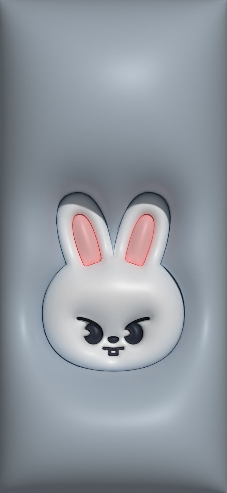 an image of a cartoon bunny face on a gray background with white and pink ears