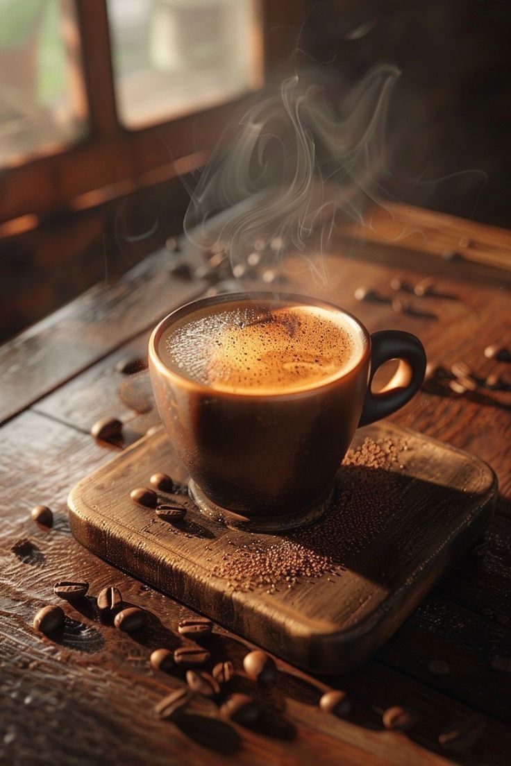 a cup of coffee sitting on top of a wooden table with steam rising from it