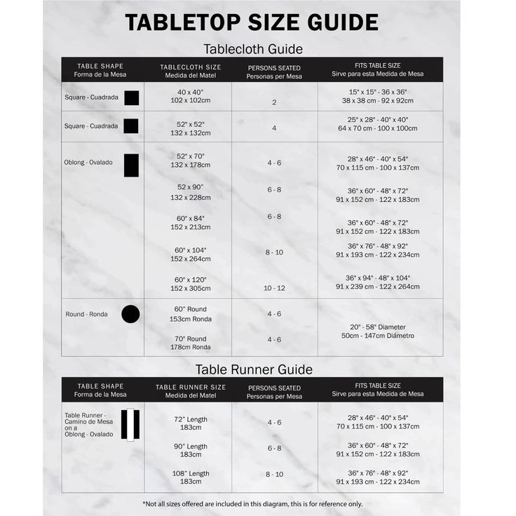 the table top size guide is shown in black and white, with numbers on each side