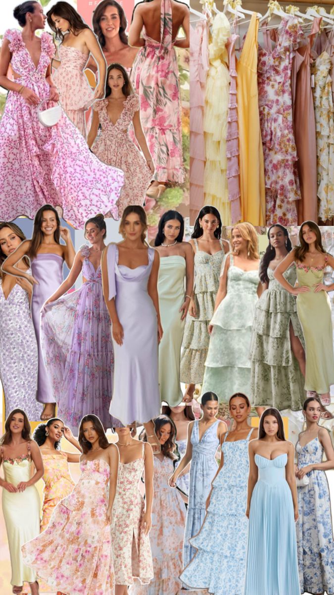 many different types of dresses are shown in this collage, including one woman wearing a dress