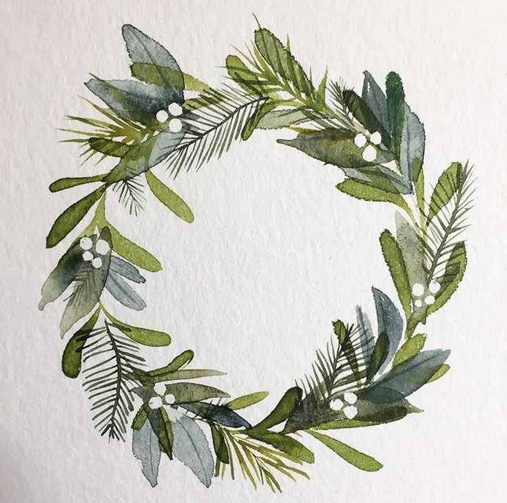 a watercolor painting of a green wreath with white berries and greenery on it