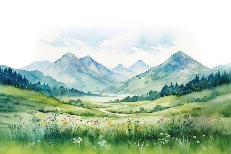 a painting of mountains and grass with flowers in the foreground