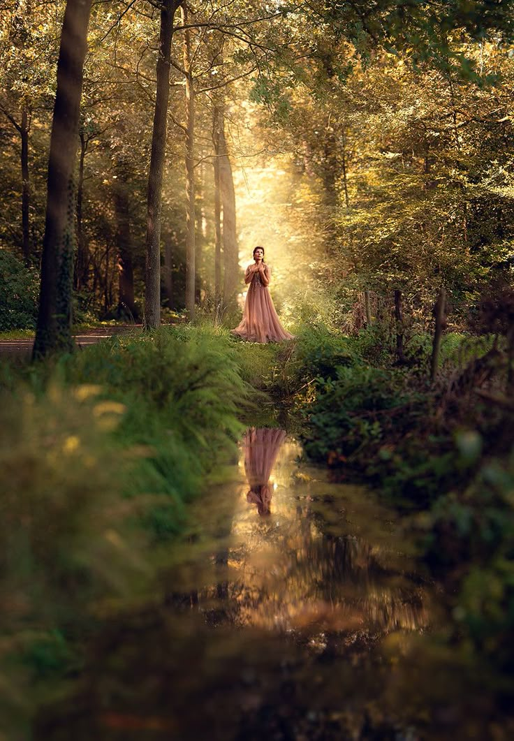 a woman standing in the middle of a forest next to a river with sunlight streaming through it