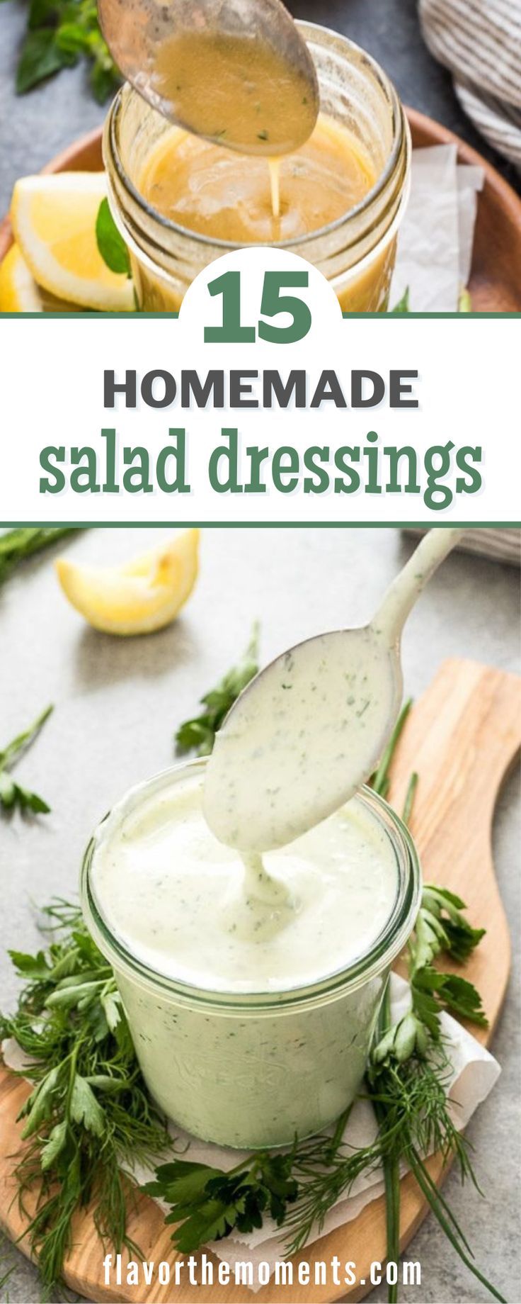 homemade salad dressing in a small bowl with a spoon and lemon wedges on the side