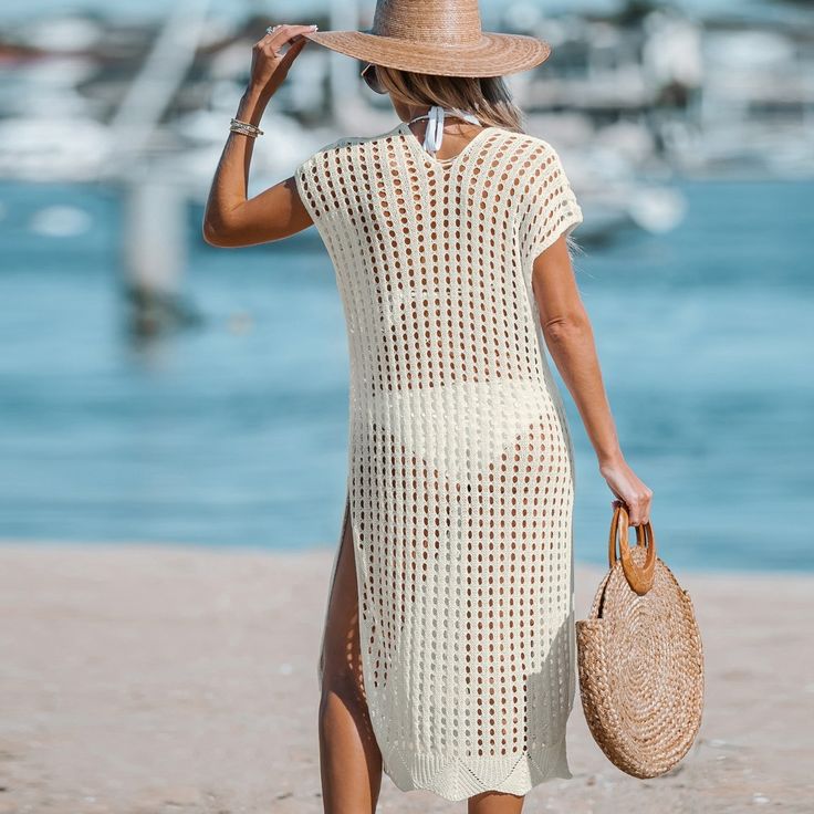 Chase the sun in our Short Sleeve Cut-Out Cover-Up Dress. This short-sleeve beauty features playful cut-outs, making it the perfect piece to throw on over your swimsuit. Embrace the summer vibes and make a fashion statement with this versatile and trendy piece, ensuring you stay cool and comfortable throughout your beach day. Product code: CAA07B3C041GG,CAA07B3C041AA,CAA07B3C041SS/CAA07B3C041DE/CAA07B3C041HH/CAA07B3C041TS Beige V-neck Cover-up For Vacation, Fitted Short Sleeve Cover-up For Vacation, Summer White Hollow Out Cover-up, V-neck Cover-up For Spring/summer Outings, Beachwear Cover-up With Hollow Out For Day Out, Spring Beach Dress With Hollow Out Design, Spring Beach Dress With Hollow Out Details, Spring Beach Dress With Hollow-out Design, Casual Hollow Out Beach Dress