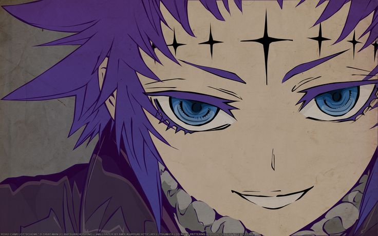 an anime character with blue eyes and purple hair, wearing a cross on his forehead