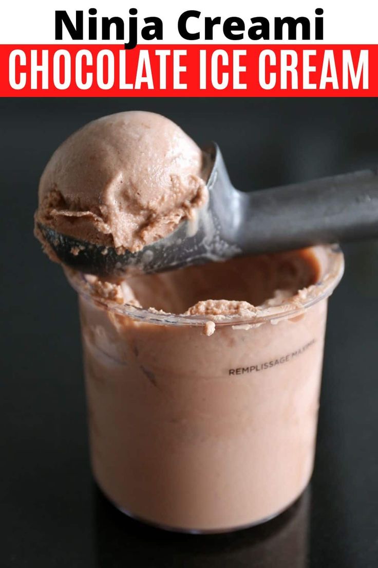 chocolate ice cream in a glass with a spoon and text overlay that reads, ninja cream chocolate ice cream