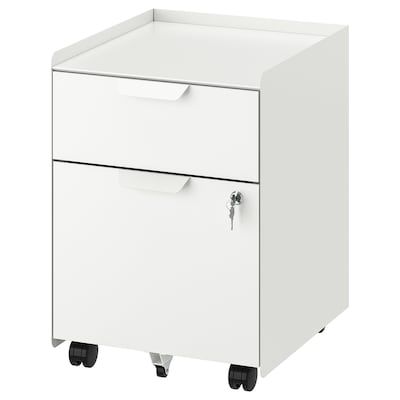 a white filing cabinet with wheels and drawers on the bottom, against a white background