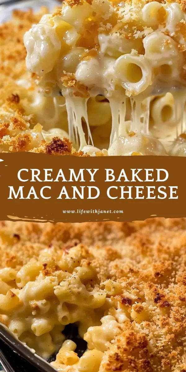 creamy baked macaroni and cheese is served in a casserole dish with a serving spoon