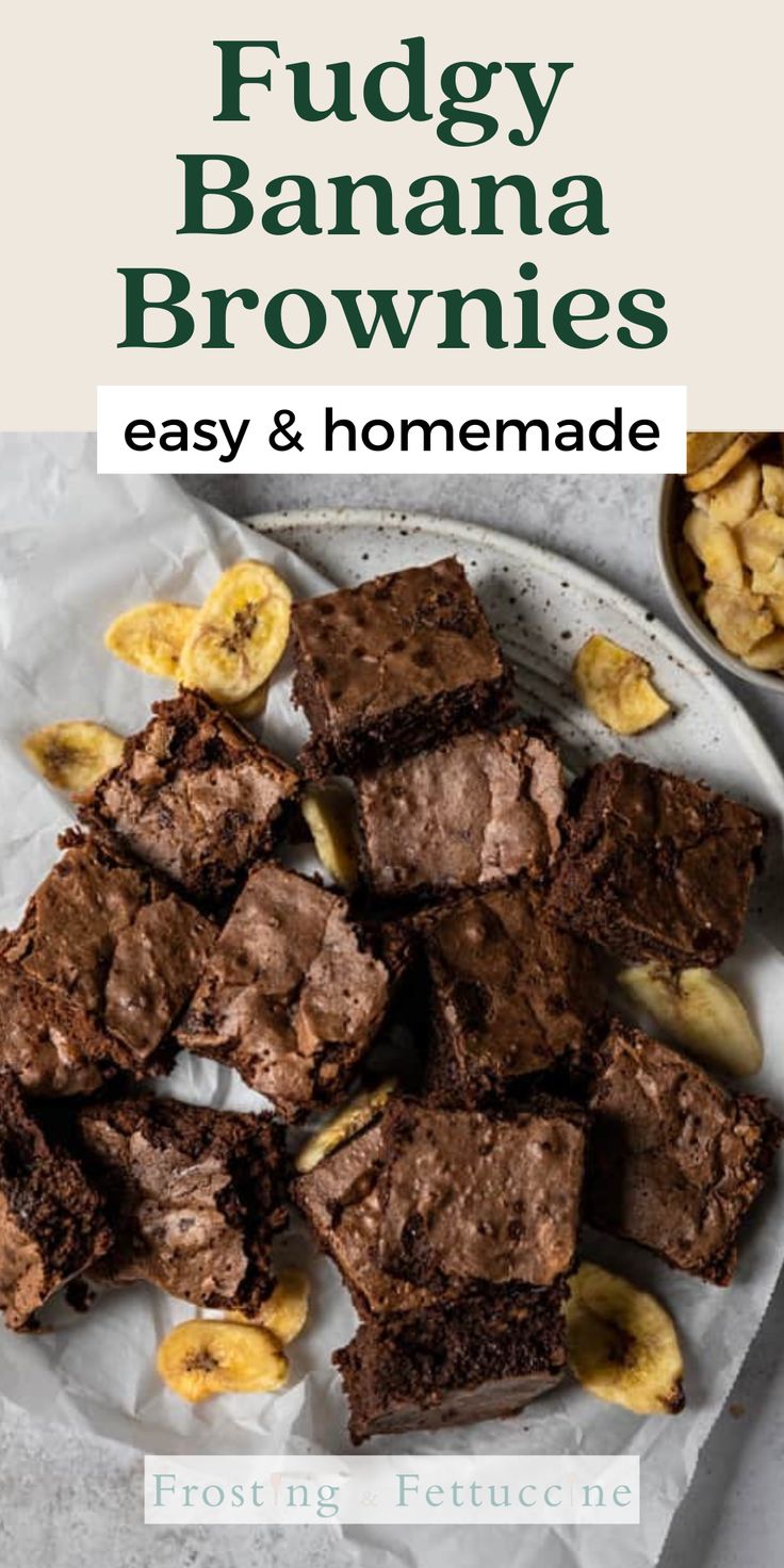 fudgey banana brownies on a plate with bananas