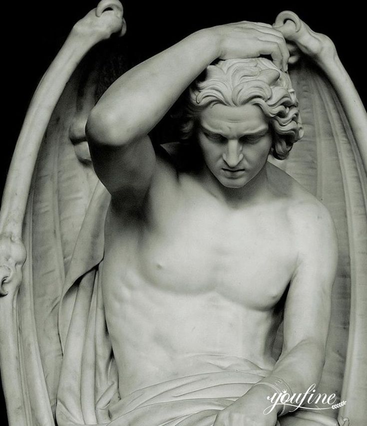 a black and white photo of a statue of a man with his hands on his head