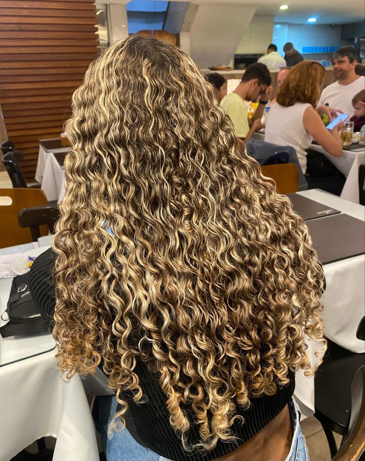 Blonde Curly Hair With Brown Highlights, Blonde Hair With Lowlights Curly, Dark Blonde Curly Hair With Highlights, Blond Curly Highlights, Curly Hair Bleach Ideas, Black Hair With Blonde Highlights Curly, Blonde Highlights On Brown Curly Hair, Long Curly Hair With Highlights, Dirty Blonde Hair Curly