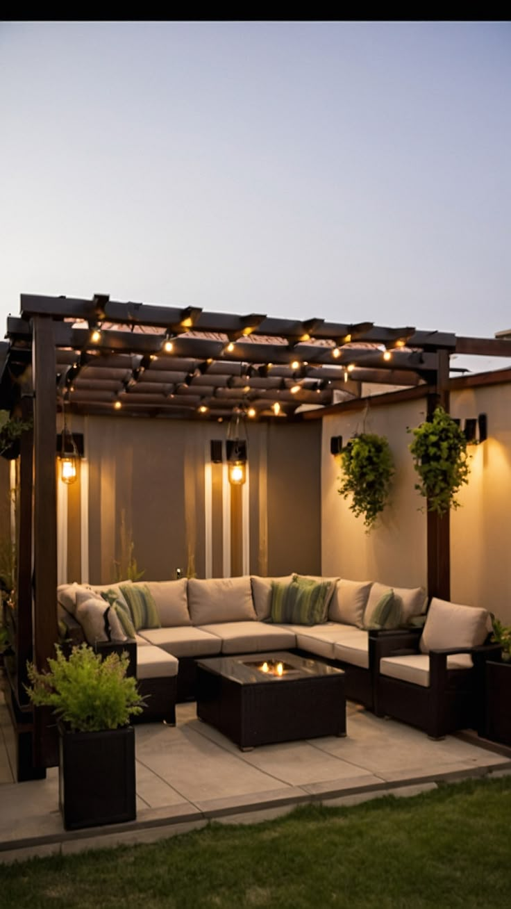 an outdoor living area with couches and lights