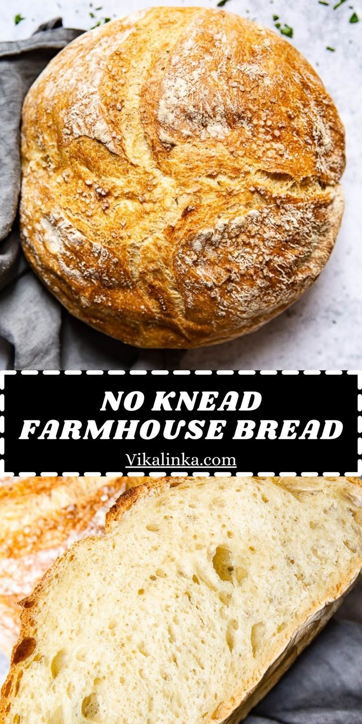 two loaves of bread sitting on top of each other with the words, no knead farmhouse bread