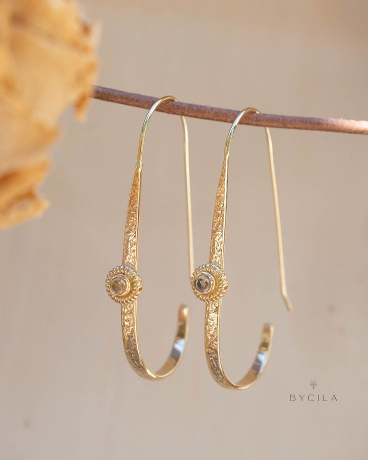 Citrine Earrings Gold Plated 18k * Dangle * Gemstone * Hammered * Statement * Every day * ByCila * Boho * Bohemian *Gift BJE200 Delicate Gold Tarnish-resistant Earrings, Gold Hammered Fine Jewelry Earrings, Gold Jewelry With Ear Wire For Anniversary, Hand Forged 14k Gold Earrings For Anniversary, Gold Jewelry With Ear Wire In Recycled Gold, 14k Gold Hoop Earrings With Filigree Detail, Delicate Gold Earrings For Anniversary, Adjustable Yellow Gold Jewelry With Ear Wire, Elegant Gold Hoop Earrings In Recycled Gold