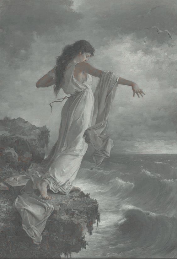 a painting of a woman standing on top of a cliff next to the ocean with her arms outstretched