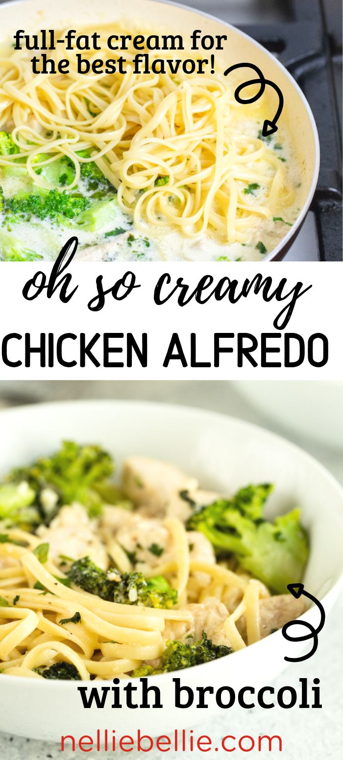 broccoli and chicken alfredo in a white bowl with text overlay that reads, oh so creamy chicken alfredo