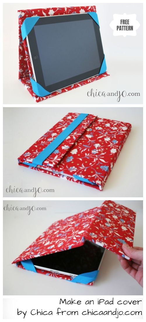 an ipad case made out of red and blue fabric