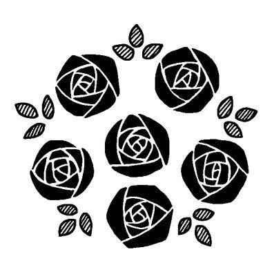 a black and white drawing of roses in a circle with leaves on the bottom, surrounded by smaller flowers