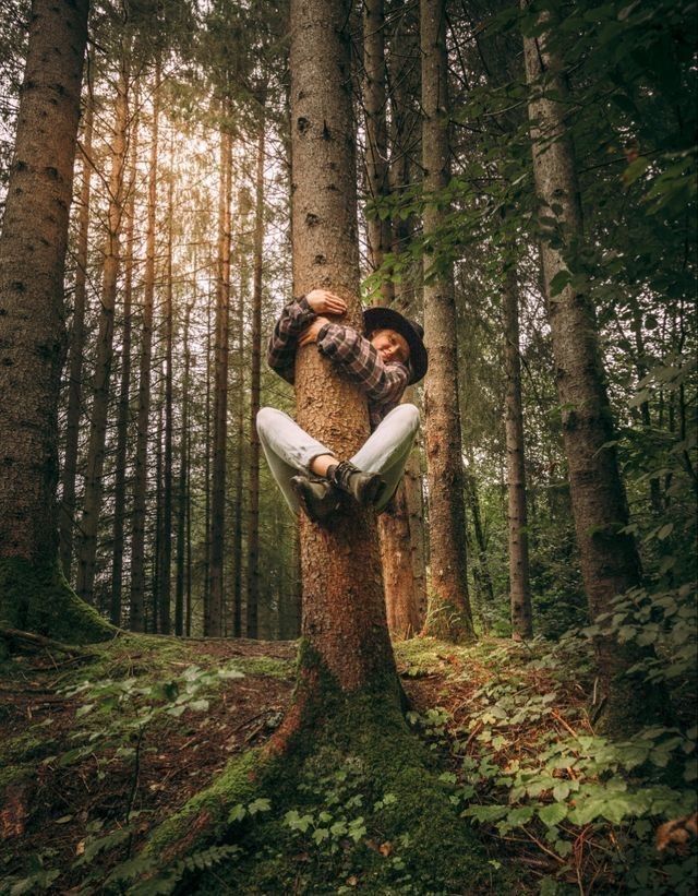 a man sitting on top of a tree in the middle of a forest with his eyes closed