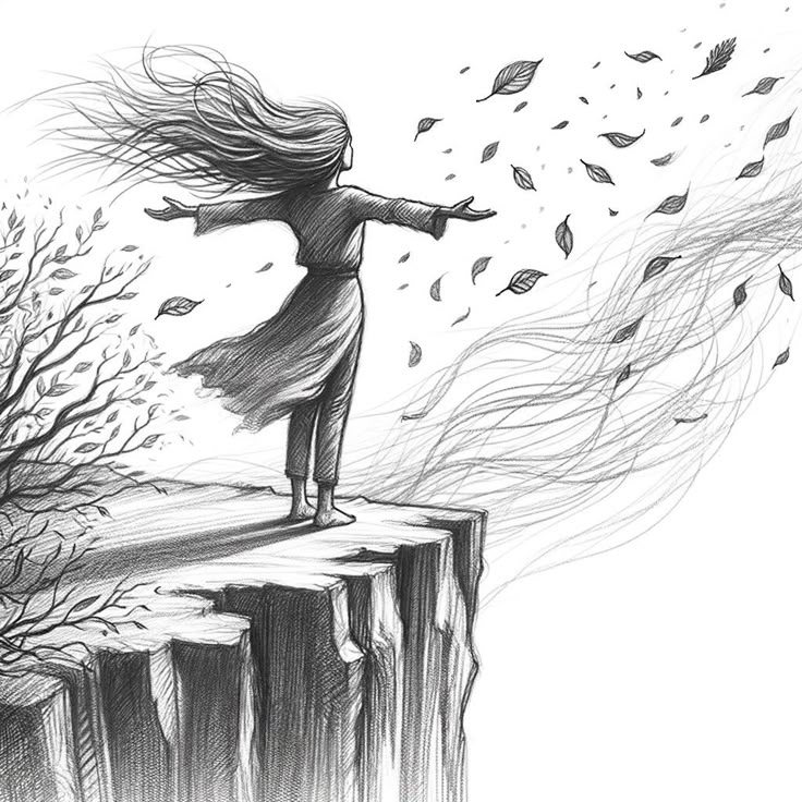 a drawing of a woman standing on top of a cliff with leaves falling from the sky