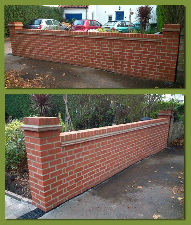 two pictures of a brick fence with cars parked in the background