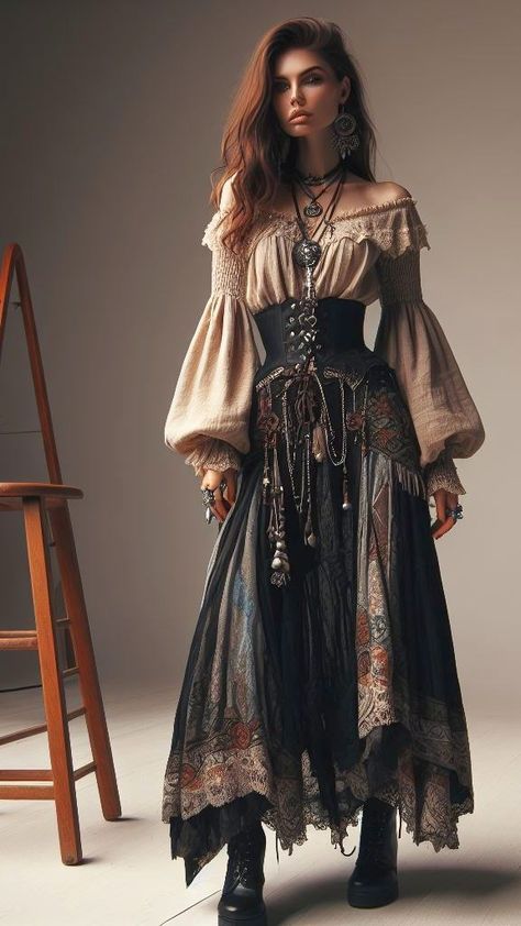 Victorian Boho Fashion, Gypsiesoul Fashion Outfits, Fantasy Fashion Aesthetic, Midevil Outfits Female, Romani Outfit, Whimsigoth Aesthetic Fashion, Fantasy Aesthetic Outfits, Modern Medieval Fashion, Boho Witch Outfits