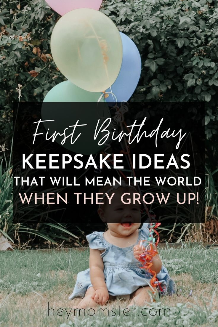 a baby sitting in the grass with balloons on her head and text that reads first birthday keeps