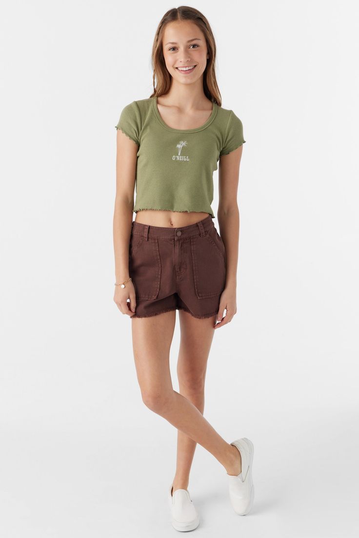 O'Neill Girl's knit short sleeve top Skim length Lettuce Hem and Sleeve Openings Crew neckline Embroidered Art 96% Cotton, 4% Elastane Knit Rib Summer Green Short Sleeve Crew Neck Top, Green Crew Neck Short Sleeve Top For Summer, Casual Cotton Short Sleeve Top For Summer, Casual Scoop Neck Crop Top, Casual Green Short Sleeve Top For Spring, Casual Crew Neck Summer Crop Top, Casual Crew Neck Crop Top For Summer, Casual Tops With Relaxed Fit And Short Length, Casual Short Length Tops With Relaxed Fit