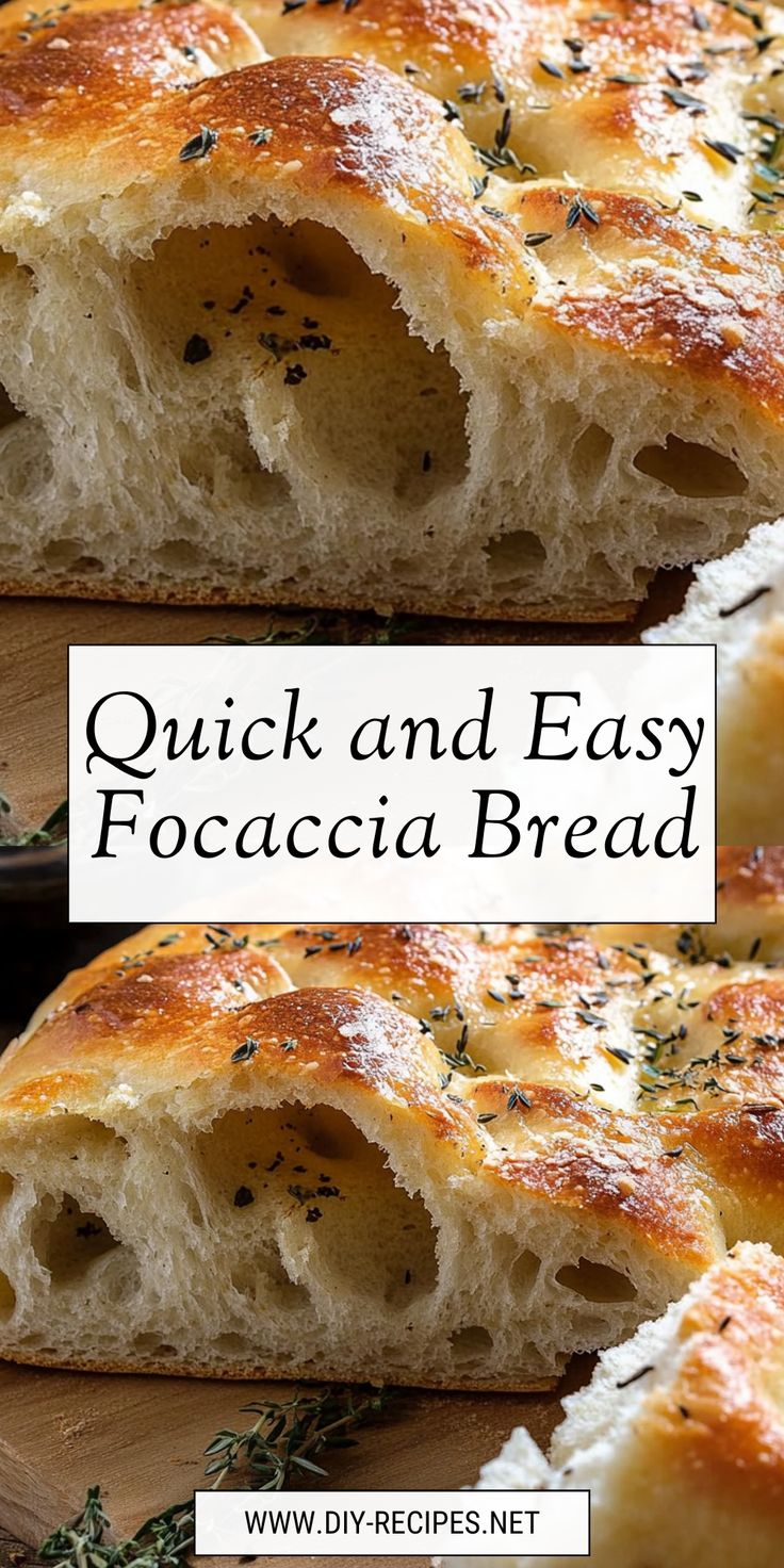 quick and easy focaccia bread recipe on a cutting board with text overlay