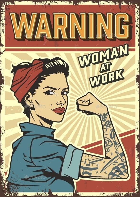 a woman with tattoos on her arm and the words warning women at work written below