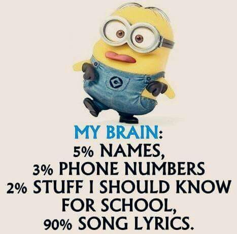 a minion with the caption'my brain 50 % names, phone numbers, stuff stuff stuff stuff stuff stuff stuff stuff stuff stuff