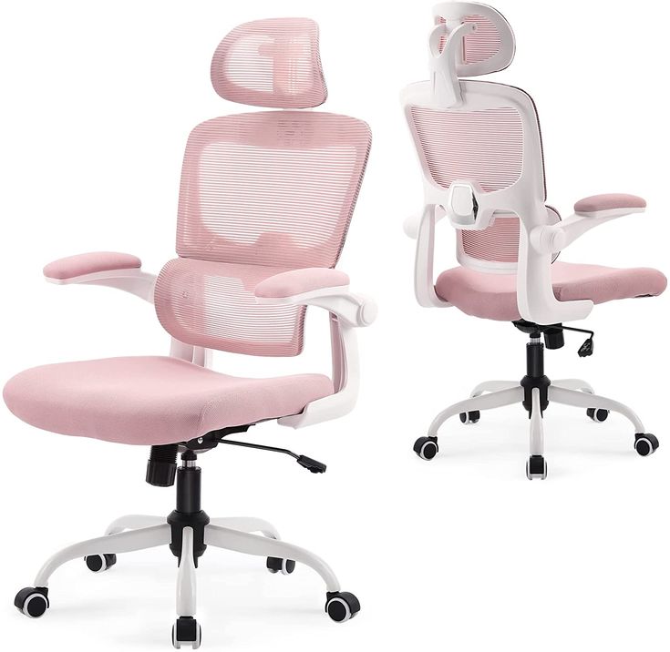 two pink and white office chairs side by side