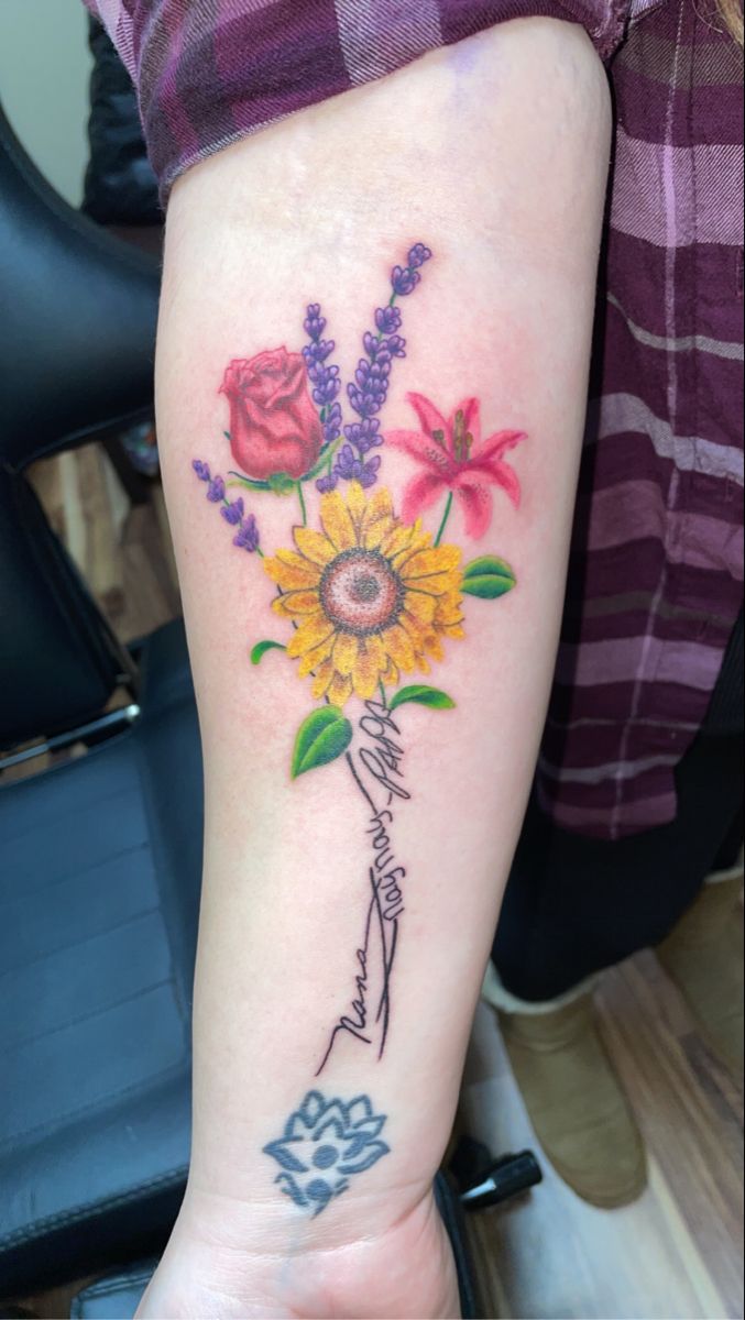 Color floral tattoo on forearm Grandparents Signature Tattoo, Tattoo With Signature Handwriting, Tattoos With Signatures Handwriting, Memorial Handwriting Tattoo, Floral Memorial Tattoo, Signature Tattoos Memorial, Signature Tattoo, Art Signature, Tattoo Floral