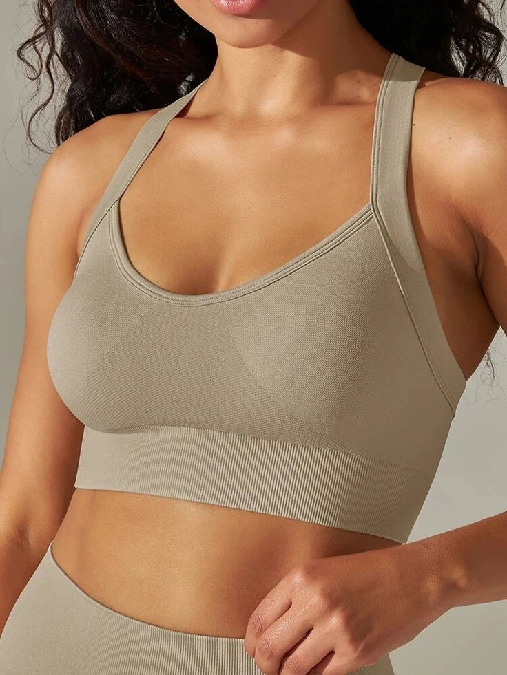 Beige Energy Sports Bra - ActiveOne Solid Seamless Sports Bra For Training, Seamless Sports Bra With Light Support, Supportive Nylon Sports Bra For Gym, Solid Sports Bra With Seamless Construction For Training, Supportive Solid Color Sports Bra For Gym, Supportive Seamless Sports Bra For Workout, Solid Color Seamless Sports Bra For Light Sports, Solid Seamless Sports Bra For Light Sports, Seamless Solid Sports Bra For Light Sports