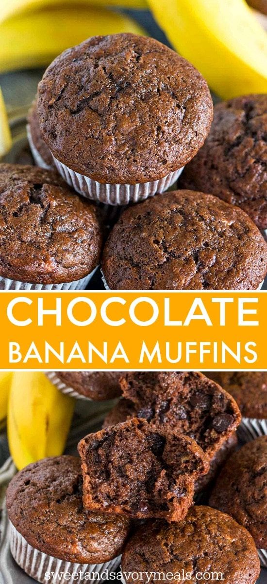 chocolate banana muffins stacked on top of each other with bananas in the background