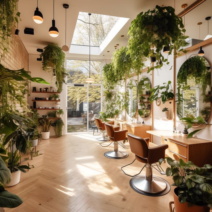 an indoor salon with lots of plants on the walls