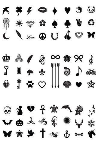 a large set of different symbols and icons in black and white, including hearts, crosses,