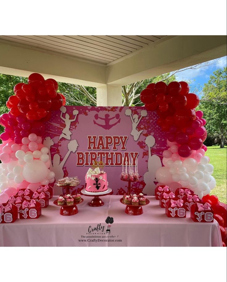 a pink and red birthday party with balloons