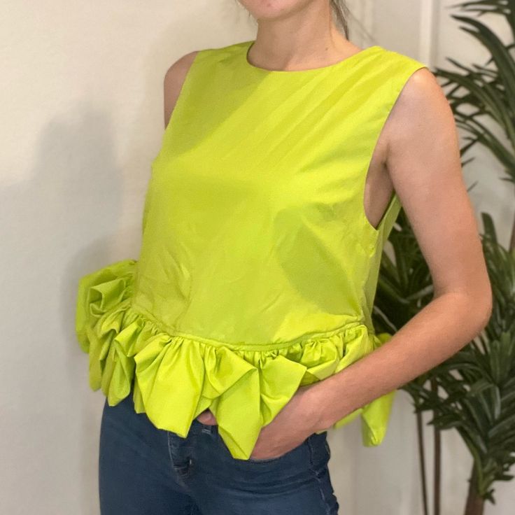 Nwt | Entro | Lime Green Cropped Blouse With Ruffle Detail Size Medium And Photographed In The Listing. Yellow Sleeveless Blouse For Party, Green Ruffled Party Top, Trendy Lime Green Spring Tops, Fitted Neon Yellow Top For Summer, Green Summer Party Top, Yellow Sleeveless Top With Ruffles, Lime Green Cotton Tops For Summer, Sleeveless Green Blouse For Brunch, Sleeveless Blouse For Spring Party