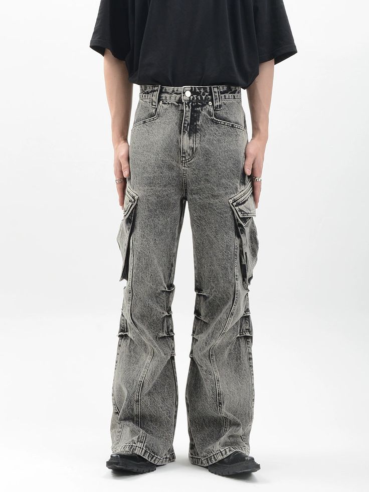 Step into the effortlessly cool vibe with our Acid Wash Cargo Pocket Wide-Leg Jeans, the ultimate blend of comfort and streetwise style. Crafted from durable fabric, these trousers boast a high waist, a straight-foot cut, and are detailed with functional cargo pockets for a utilitarian edge. The acid wash effect lends a vintage feel, while the no-stretch design maintains a structured look. Perfect for those who appreciate the fusion of form and function in their wardrobe. Easily dressed up with Distressed Acid Wash Cargo Jeans For Streetwear, Gray Multiple Pockets Cargo Jeans For Streetwear, Streetwear Distressed Acid Wash Cargo Jeans, Streetwear Rigid Denim Cargo Pants, Distressed Washed Black Streetwear Pants, Cargo Denim Pants, Gold G, Cargo Pocket, Jean Grey