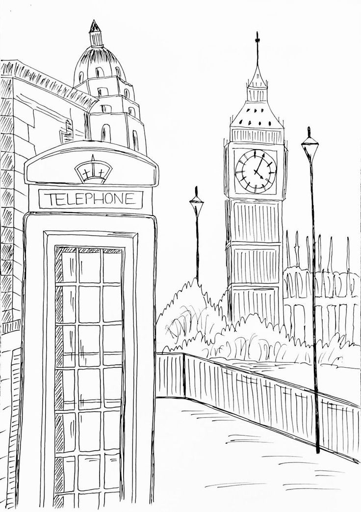 a black and white drawing of the big ben clock tower in london, england with telephone booth