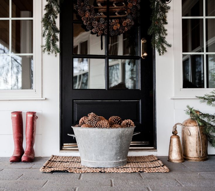 a bucket full of pine cones sitting in front of a door