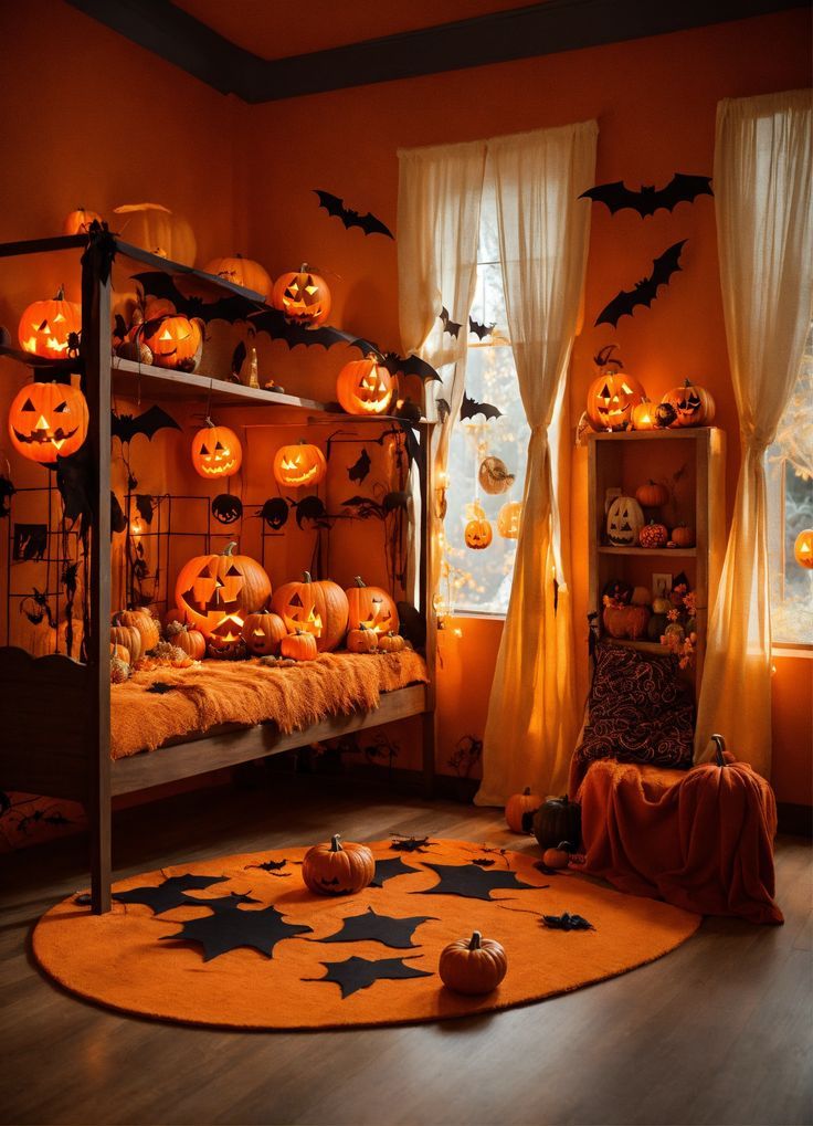 a bedroom decorated for halloween with pumpkins and bats on the walls, windows, and rug